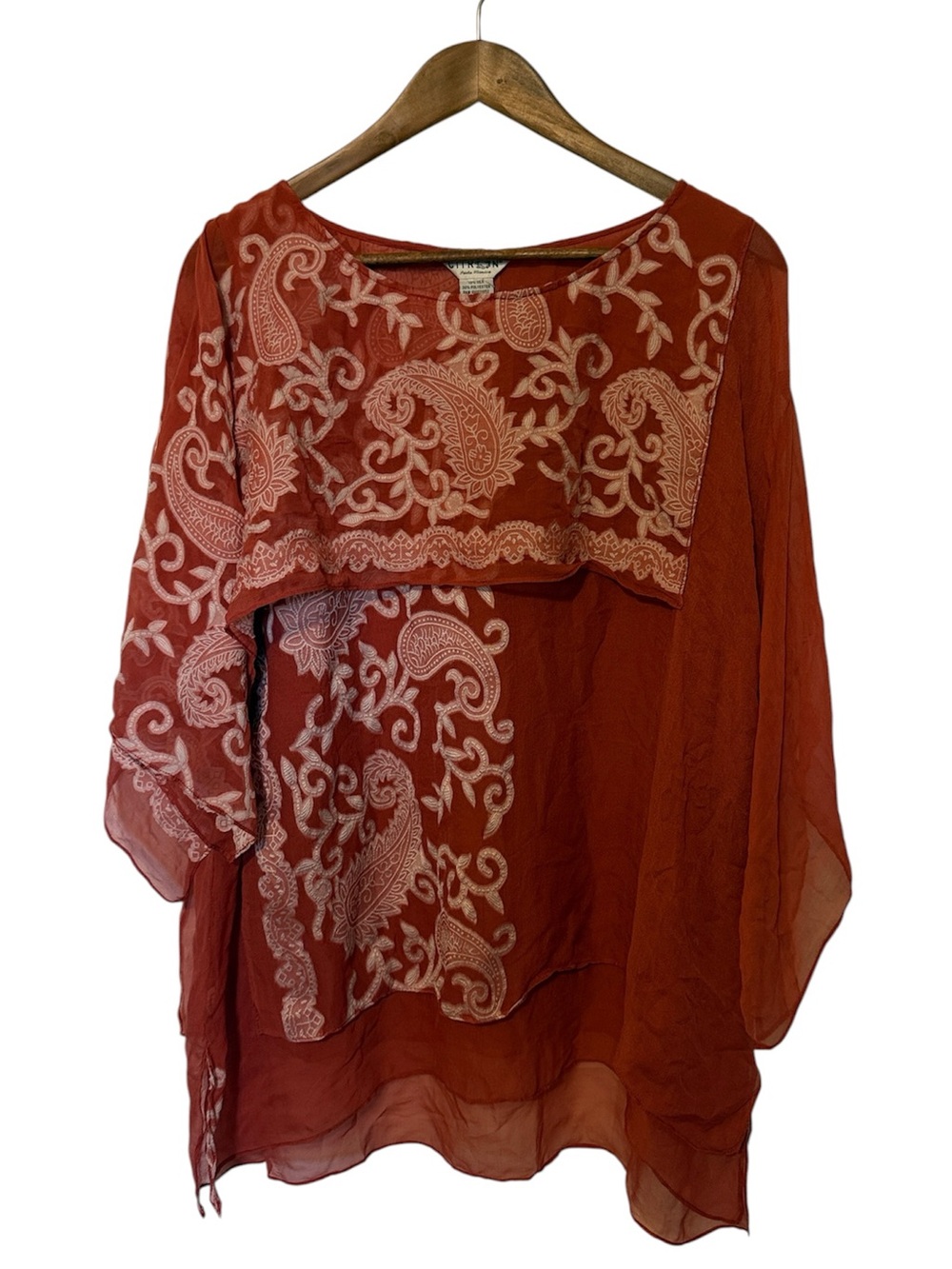 Citron Santa Monica Silk-Blend Layered Paisley Print Blouse Flowy Burnt Orange